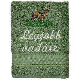   "Legjobb vadász" felirattal + álló szarvassal hímzett törölköző, moha