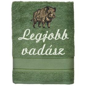   "Legjobb vadász" felirattal + vaddisznóval hímzett törölköző, moha
