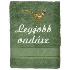   "Legjobb vadász" felirattal + fácánnal hímzett törölköző, moha