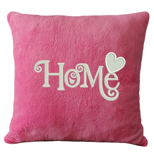 „Home” feliratos hímzett díszpárna, rózsaszín – otthon dekoráció