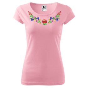   Hímzett, kalocsai mintás női, környakú, rózsaszín póló XS