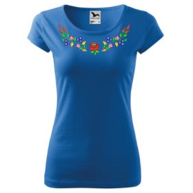   Hímzett, kalocsai mintás női, környakú, azúrkék póló XS