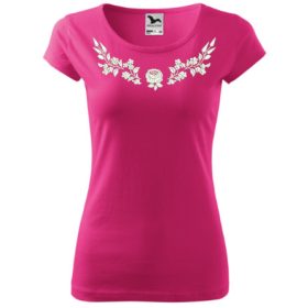 Hímzett, kalocsai mintás női, környakú, pink póló XS