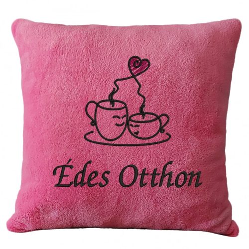 „Édes otthon” feliratos hímzett díszpárna kávé mintával, rózsaszín – otthon dekoráció