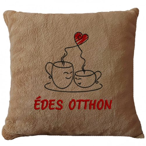 „Édes otthon” feliratos hímzett díszpárna kávé mintával, mogyoró – otthon dekoráció