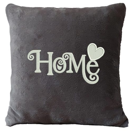 „Home” feliratos hímzett díszpárna, szürke – otthon dekoráció