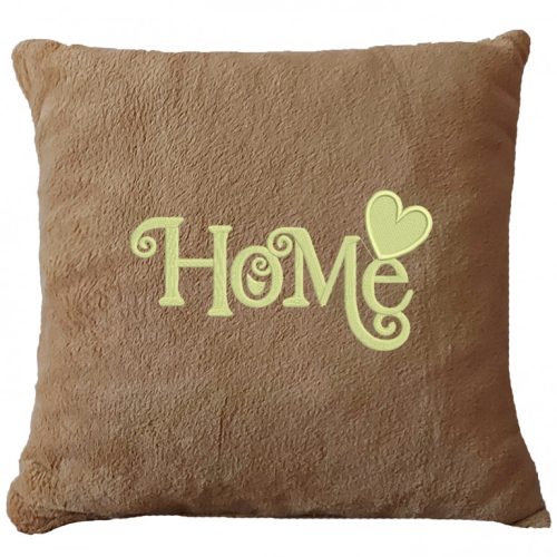 „Home” feliratos hímzett díszpárna, mogyoró – otthon dekoráció