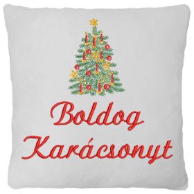 "Boldog karácsonyt" felirattal + karácsonyfával hímzett párna, fehér - karácsonyi ajándék