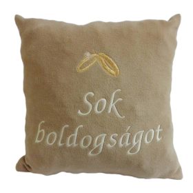 "Sok boldogságot" felirattal + gyűrűvel hímzett párna, mogyoró - esküvői ajándék
