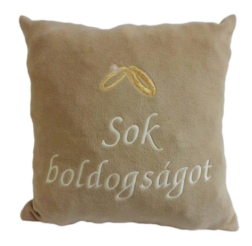 "Sok boldogságot" felirattal + gyűrűvel hímzett párna, mogyoró - esküvői ajándék
