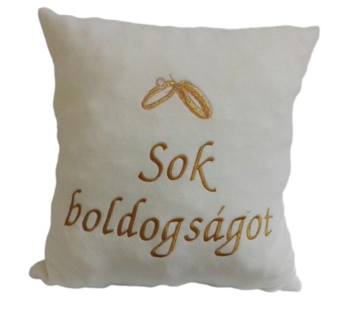 "Sok boldogságot" felirattal + gyűrűvel hímzett párna, krém - esküvői ajándék