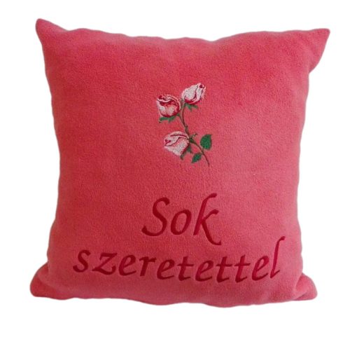 "Sok szeretettel" felirattal + bimbós rózsával hímzett párna, lazac - ajándékötlet
