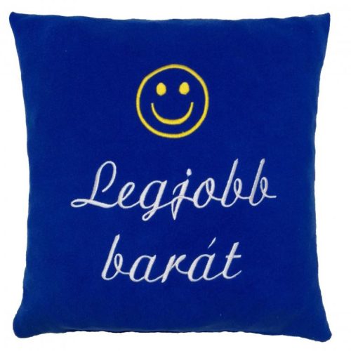 "Legjobb Barát" felirattal + smile-val hímzett párna, királykék