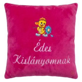 "Édes Kislányomnak" felirattal + virágos kacsával hímzett párna, pink - ajándékötlet kislánynak
