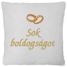 "Sok boldogságot" felirattal + arany gyűrűvel hímzett párna, fehér - esküvői ajándék