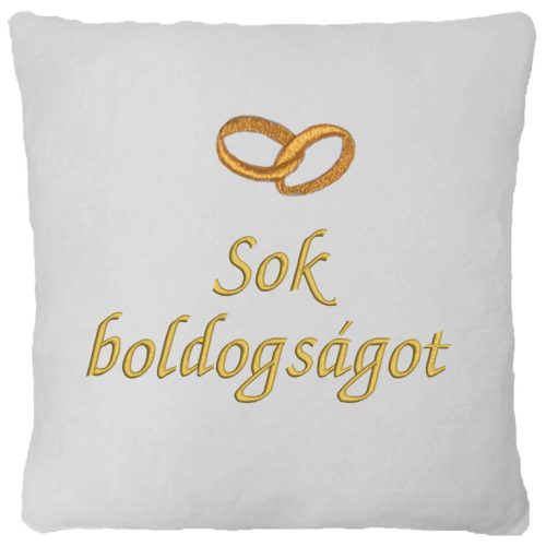 "Sok boldogságot" felirattal + arany gyűrűvel hímzett párna, fehér - esküvői ajándék