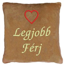   "Legjobb Férj" felirattal + szívvel hímzett párna, mogyoró
