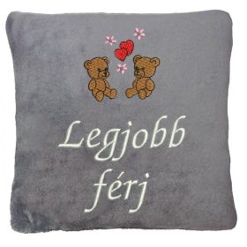   "Legjobb férj" felirattal + macikkal hímzett párna, szürke