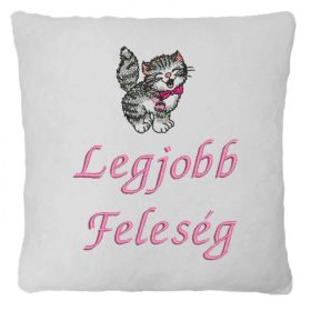   "Legjobb feleség" felirattal + cicával hímzett párna, fehér