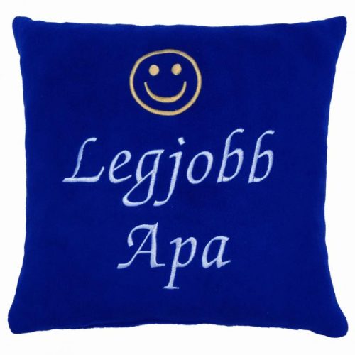 "Legjobb Apa" felirattal + smile-val hímzett párna, királykék