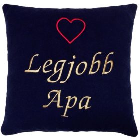   "Legjobb apa" felirattal + szívvel hímzett párna, sötétkék