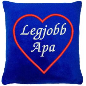   "Legjobb Apa" felirat szívben hímzett párna, királykék 