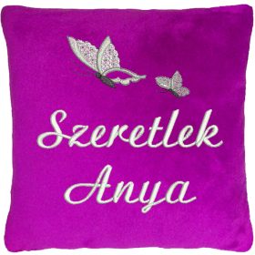   "Szeretlek Anya" felirattal + pillangókkal hímzett párna, bíbor