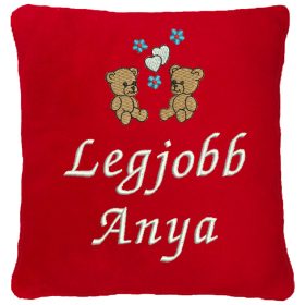   "Legjobb anya" felirattal + macikkal hímzett párna, piros