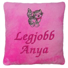   "Legjobb Anya" felirattal + cicával hímzett párna, rózsaszín