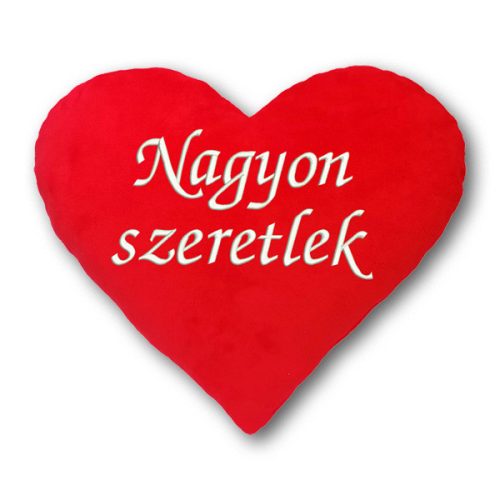 "Nagyon szeretlek" felirattal hímzett szíves párna - romantikus ajándék