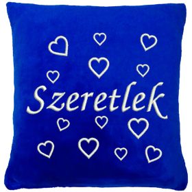   "Szeretlek" felirattal + szívekkel hímzett párna, királykék
