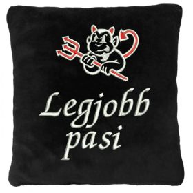   "Legjobb pasi" felirattal + ördöggel hímzett párna, fekete