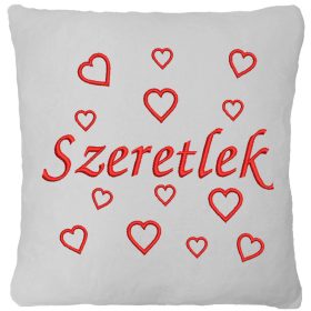   "Szeretlek" felirattal + szívekkel  hímzett párna, fehér