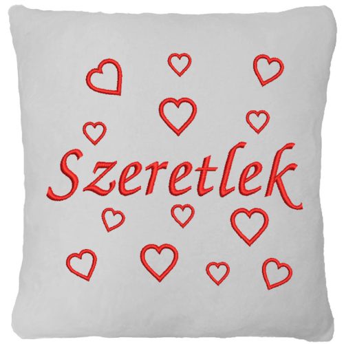 "Szeretlek" felirattal + szívekkel  hímzett párna, fehér