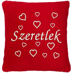   "Szeretlek" felirattal + szívekkel hímzett párna, piros