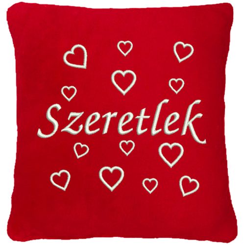 "Szeretlek" felirattal + szívekkel hímzett párna, piros