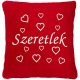 "Szeretlek" felirattal + szívekkel hímzett párna, piros