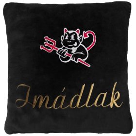   "Imádlak" felirattal + ördöggel hímzett párna, fekete