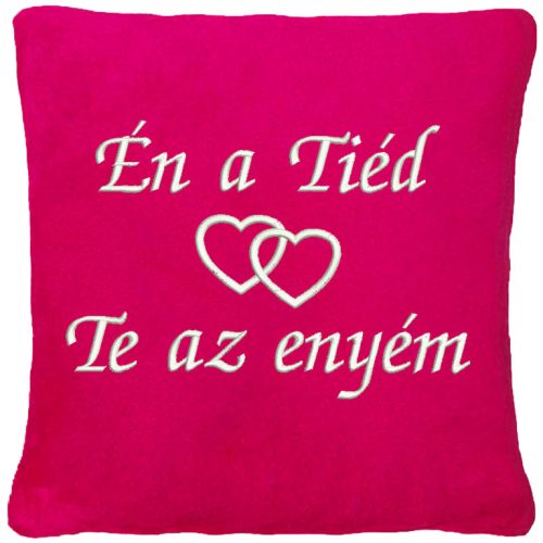 "Én a Tiéd - Te az Enyém" felirattal + szívekkel hímzett párna, pink