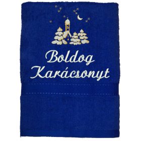 Királykék hímzett „Boldog karácsonyt” feliratú törölköző templom mintával, karácsonyi ajándék