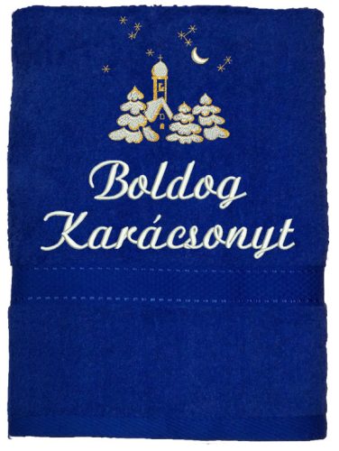 Királykék hímzett „Boldog karácsonyt” feliratú törölköző templom mintával, karácsonyi ajándék