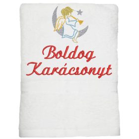 Fehér hímzett „Boldog karácsonyt” feliratú törölköző angyalka mintával, karácsonyi ajándék