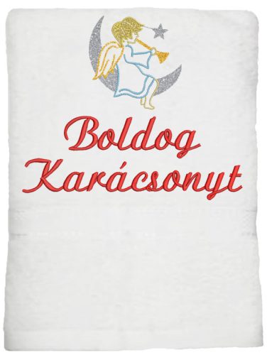 Fehér hímzett „Boldog karácsonyt” feliratú törölköző angyalka mintával, karácsonyi ajándék