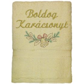 Krém hímzett „Boldog karácsonyt” feliratú törölköző csengős faág mintával, karácsonyi ajándék