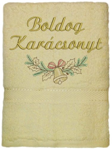Krém hímzett „Boldog karácsonyt” feliratú törölköző csengős faág mintával, karácsonyi ajándék