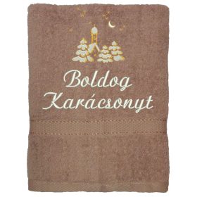 Mogyoró színű hímzett „Boldog karácsonyt” feliratú törölköző templom mintával