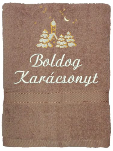 Mogyoró színű hímzett „Boldog karácsonyt” feliratú törölköző templom mintával