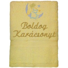 Krém hímzett „Boldog karácsonyt” feliratú törölköző angyalka mintával, karácsonyi ajándék