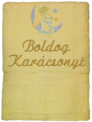 Krém hímzett „Boldog karácsonyt” feliratú törölköző angyalka mintával, karácsonyi ajándék