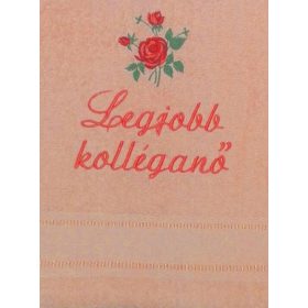   "Legjobb kolléganő" felirattal + rózsával hímzett törölköző, lazac